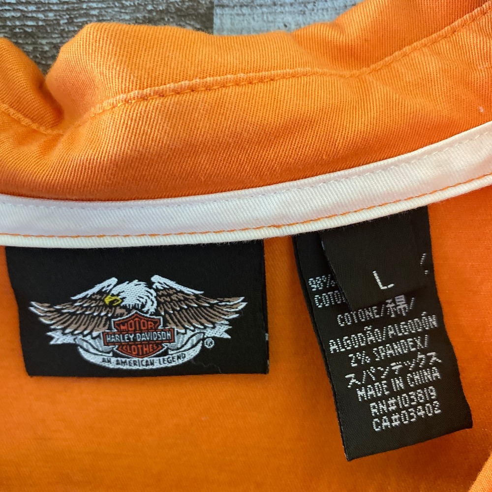 Harley-Davidson Women's Short-Sleeved Zip-Up Top Size L Orange Black Logo - Picture 6 of 7